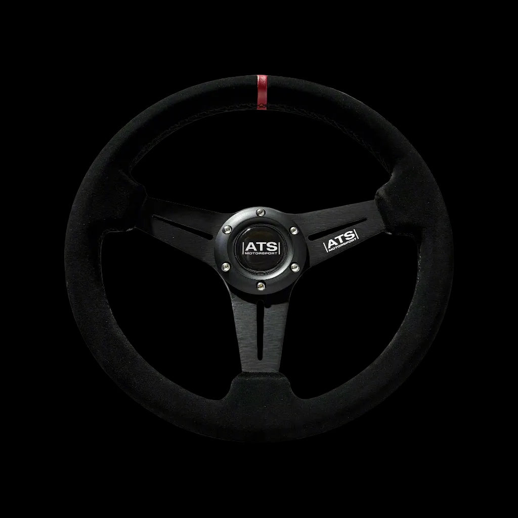 Black steering wheel with ATS logo on a white background