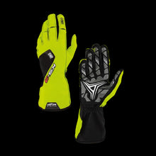 Load image into Gallery viewer, OMP racing gloves, one green and one black with gray accents, on a white background.