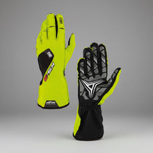 Load image into Gallery viewer, OMP racing gloves, one green and one black with gray accents, on a white background.