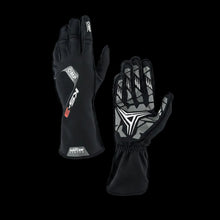 Load image into Gallery viewer, OMP Black racing gloves with brand logos on a white background