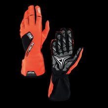 Load image into Gallery viewer, OMP Orange and black racing gloves with a brand logo on a white background