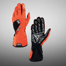 Load image into Gallery viewer, OMP Orange and black racing gloves with a brand logo on a white background
