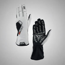 Load image into Gallery viewer, Pair of OMP black and white racing gloves with OMP branding on a white background