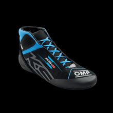 Load image into Gallery viewer, Black and blue racing shoe with OMP branding on a white background