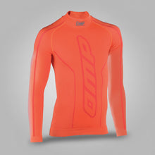 Load image into Gallery viewer, OMP Orange long-sleeve compression shirt with aN OMP logo on a white background