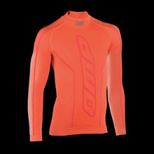 Load image into Gallery viewer, OMP Orange long-sleeve compression shirt with aN OMP logo on a white background