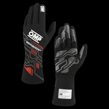 Load image into Gallery viewer, Black racing gloves with OMP branding on a white background