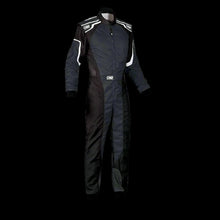 Load image into Gallery viewer, A black OMP KS-3 Kart Suit for KIDS, featuring a low-cut neck collar, long sleeves with contrasting white stripes, and two practical outer pockets.