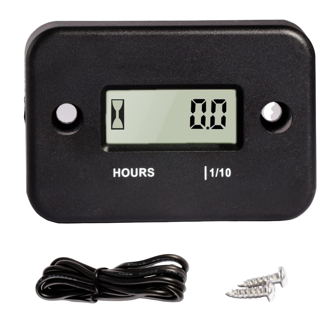Black digital hour meter with cable and screws