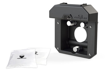 A black TeraFlex license plate relocation kit, including mounting bracket and hardware, displayed on a white background.