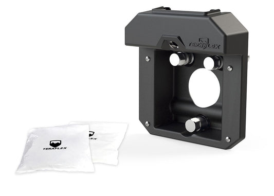 A black TeraFlex license plate relocation kit, including mounting bracket and hardware, displayed on a white background.