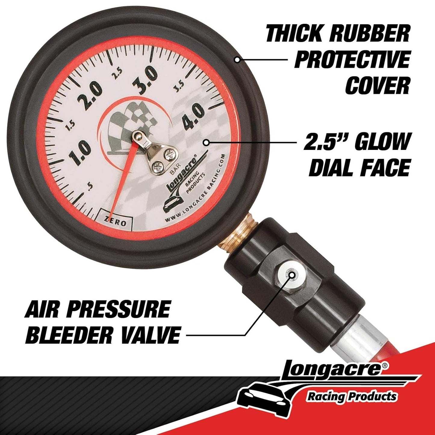 LONGACRE Racing Deluxe 2.5" Tyre Pressure Gauge - Analogue (0-4 bar)