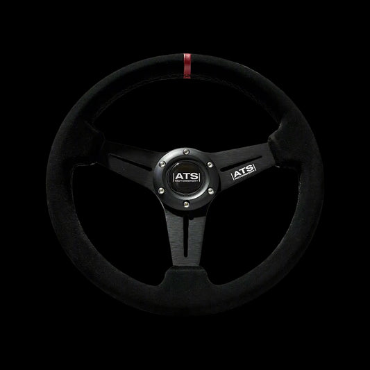 Black steering wheel with ATS logo on a white background