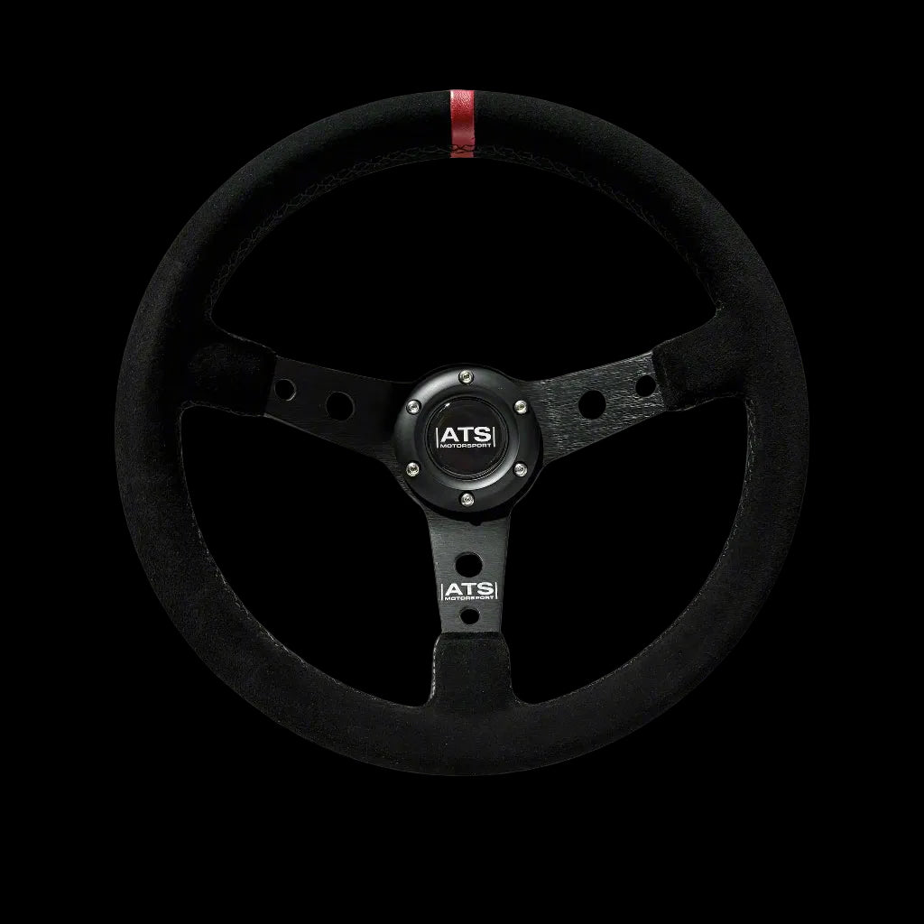 Black steering wheel with ATS logo on a white background