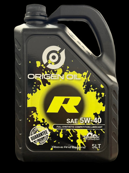 Origen Oil SAE 5W-40 synthetic competition lubricant container on a blurred background