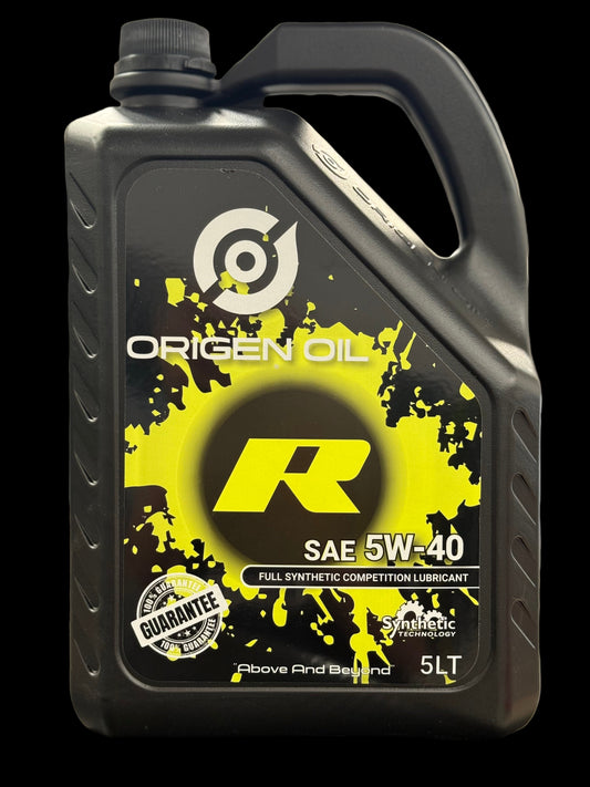 Origen Oil SAE 5W-40 synthetic competition lubricant container on a blurred background