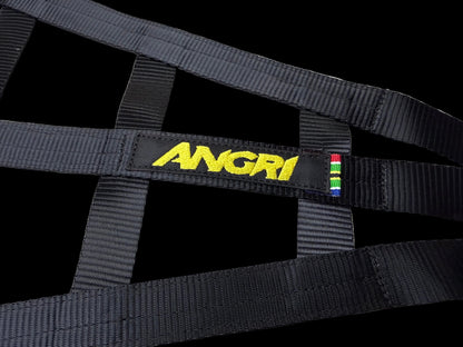 Black harness with 'ANGRI' logo on a gray surface