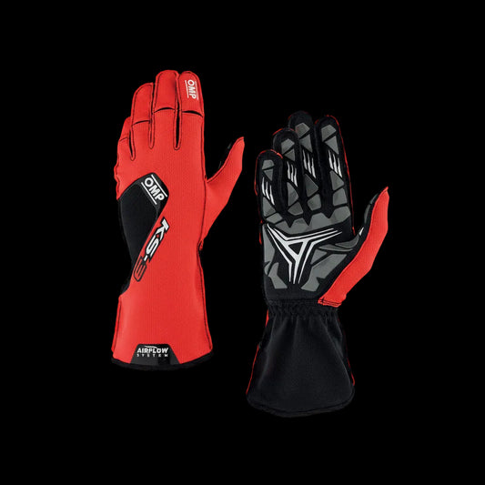 OMP Red and black racing gloves with visible branding on a white background