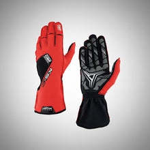 Load image into Gallery viewer, OMP Red and black racing gloves with visible branding on a white background
