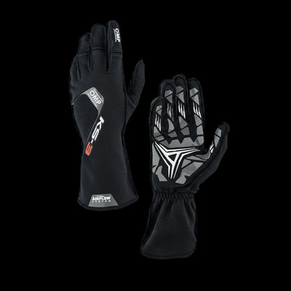 OMP Black racing gloves with brand logos on a white background