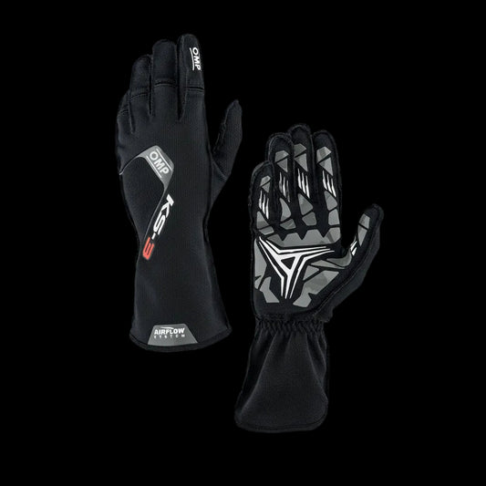 OMP Black racing gloves with brand logos on a white background