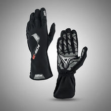Load image into Gallery viewer, OMP Black racing gloves with brand logos on a white background
