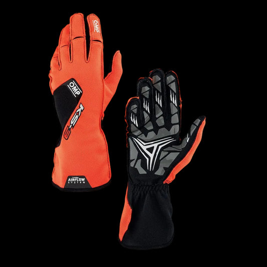 OMP Orange and black racing gloves with a brand logo on a white background
