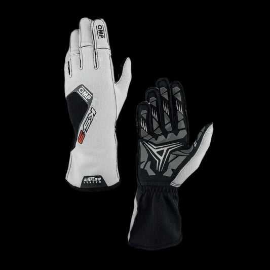 Pair of OMP black and white racing gloves with OMP branding on a white background