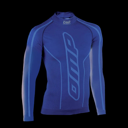 Blue long-sleeve KARTING undertop with an OMP logo