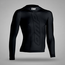 Load image into Gallery viewer, Black long-sleeve compression shirt with OMP logo on a white background
