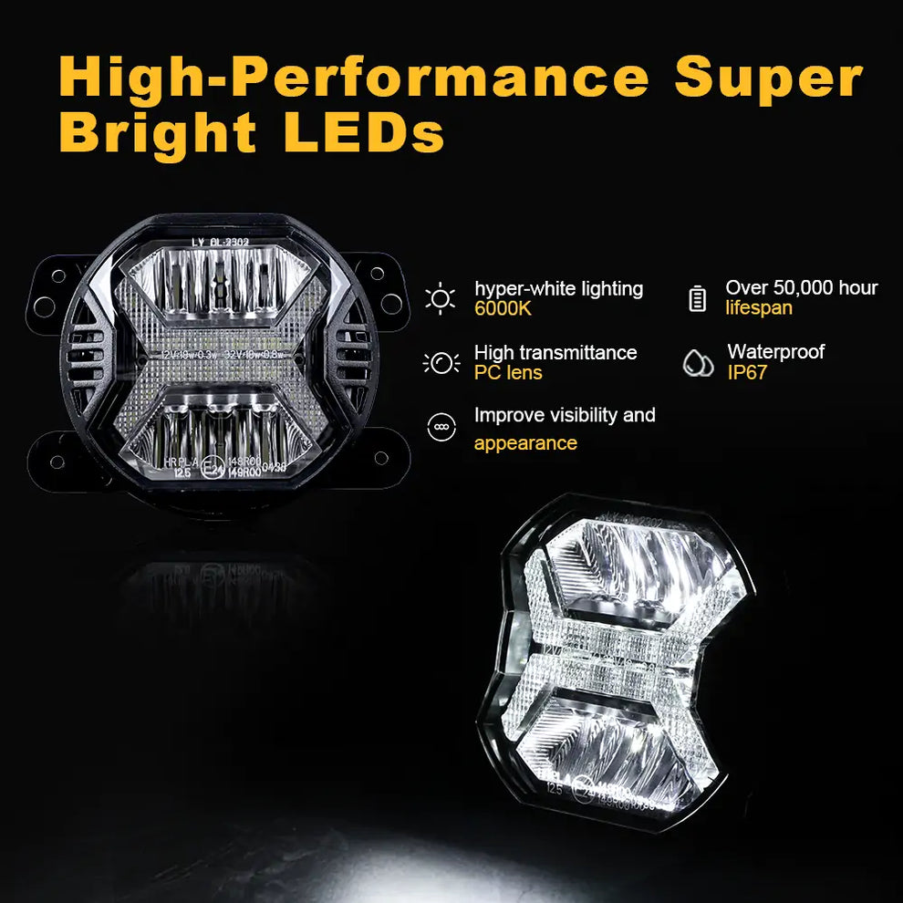 FOG Lights 'Wind Tunnel' 4" LED WITH DRL for Wrangler JK JKU JL Gladiator (pair)