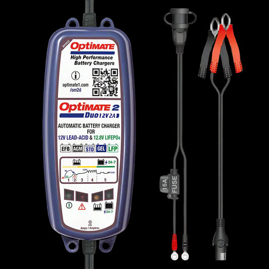 Optimate battery charger with cables and clamps on a white background