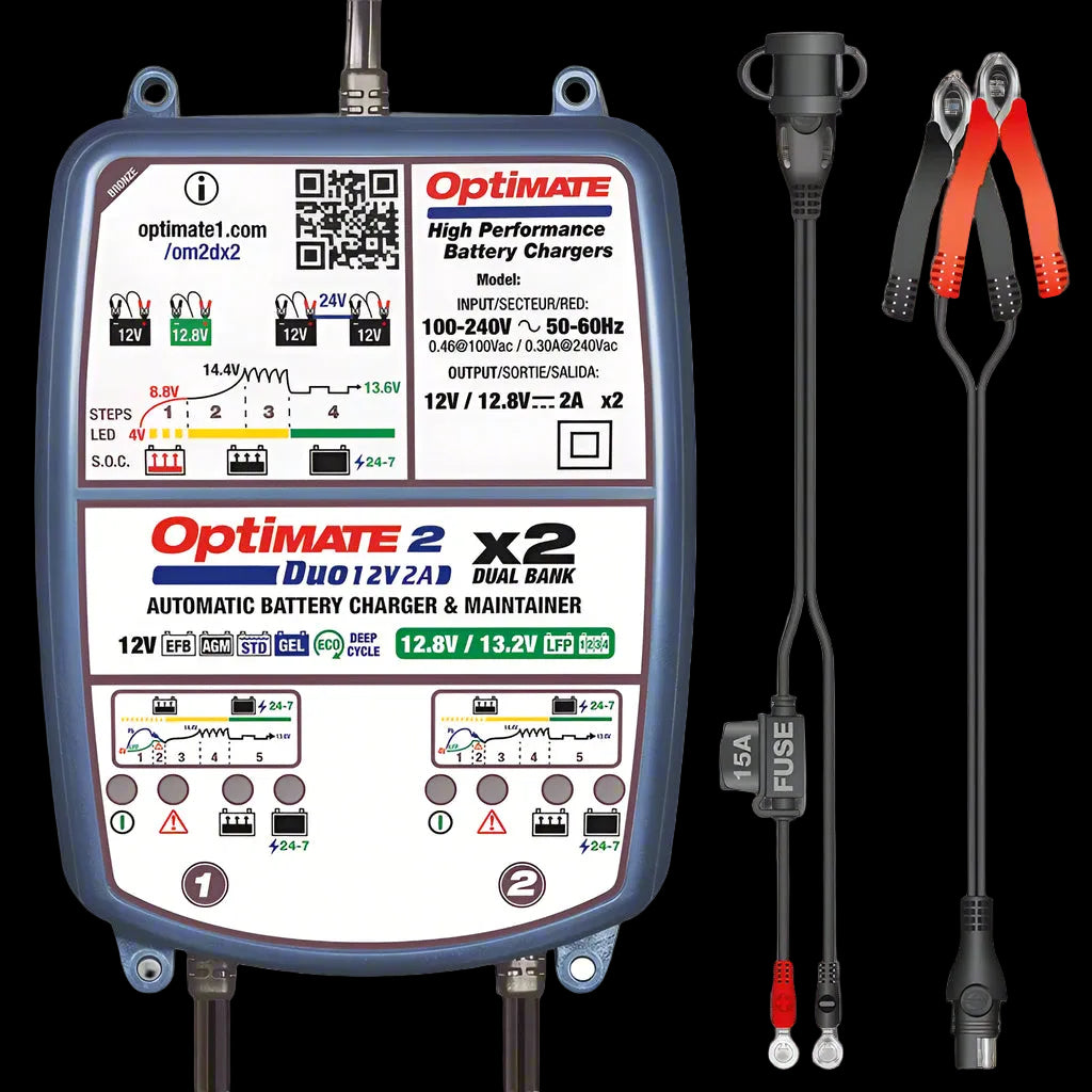 OPTIMATE 2 Duo - x2 DUAL Bank (Lithium / Standard) Car / Kart Battery Charger TM570