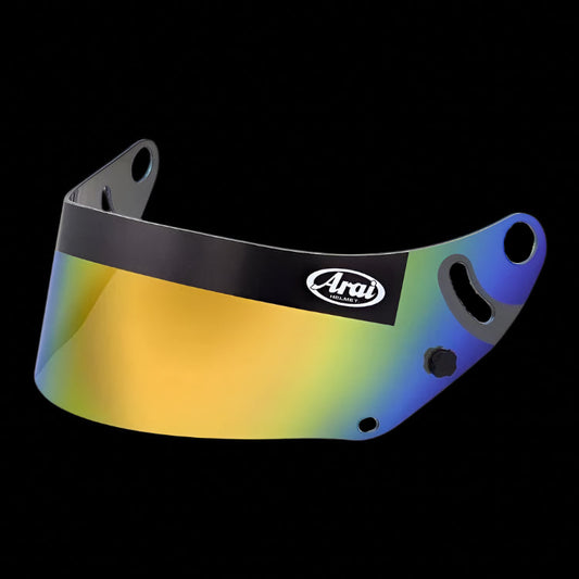 Gold mirrorized visor for Arai GP-7 helmets, featuring a reflective surface with black and blue accents.