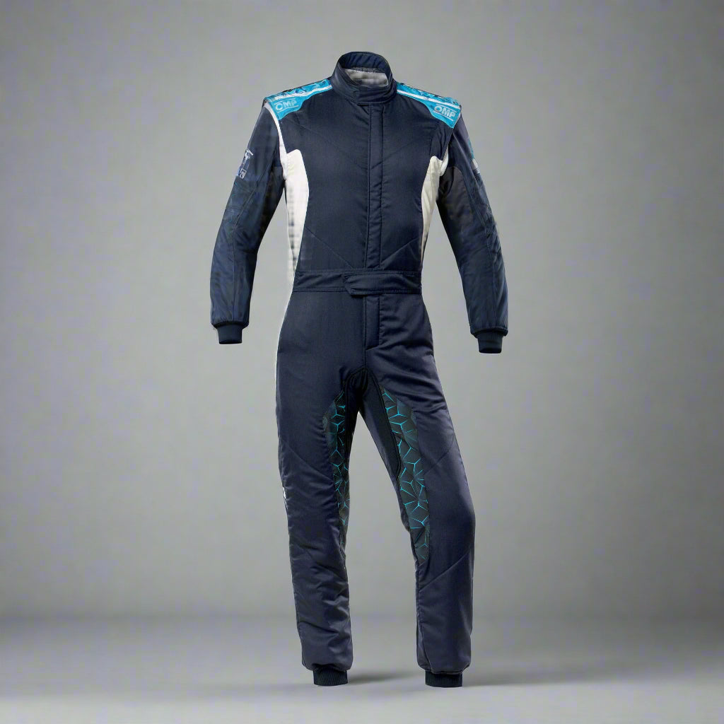 OMP TECNICA Hybrid Circuit Race Suit - Navy Blue/Cyan (Sizes 44-64) FIA 8856-2018