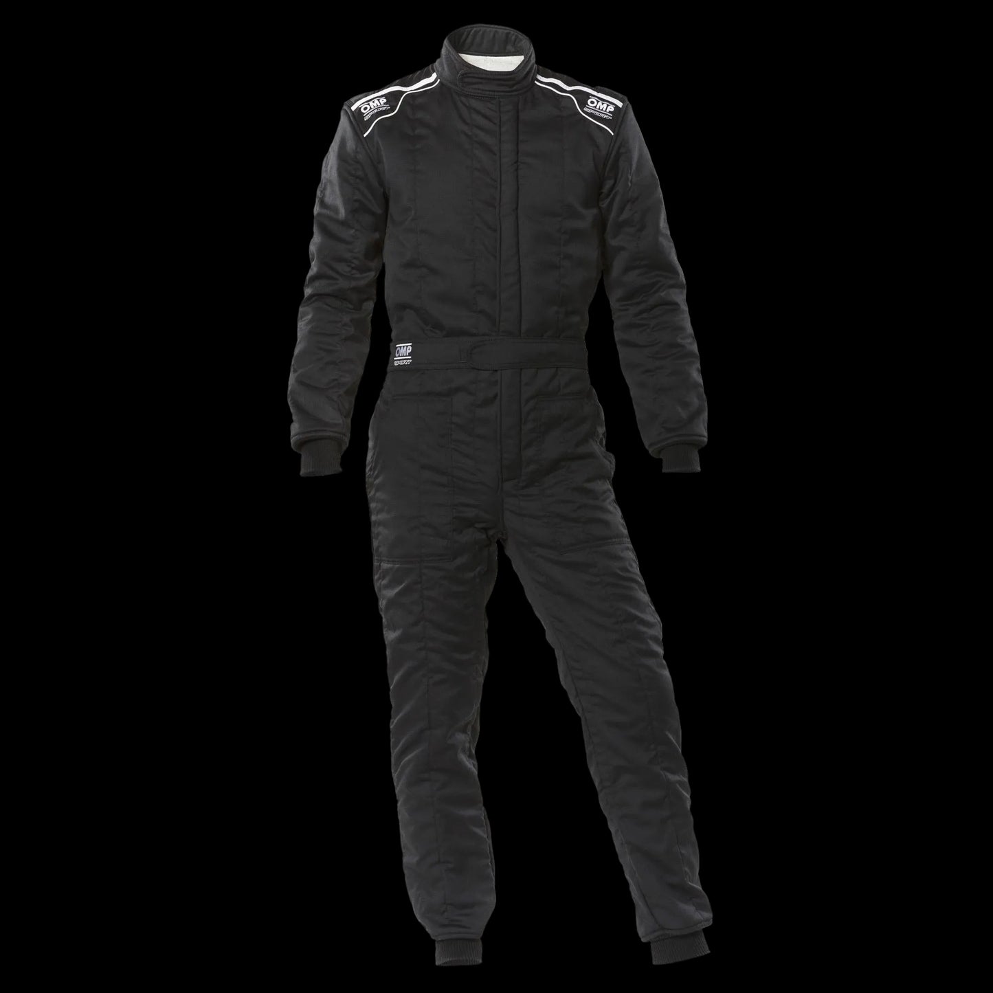 OMP Black racing suit with white accents on a white background