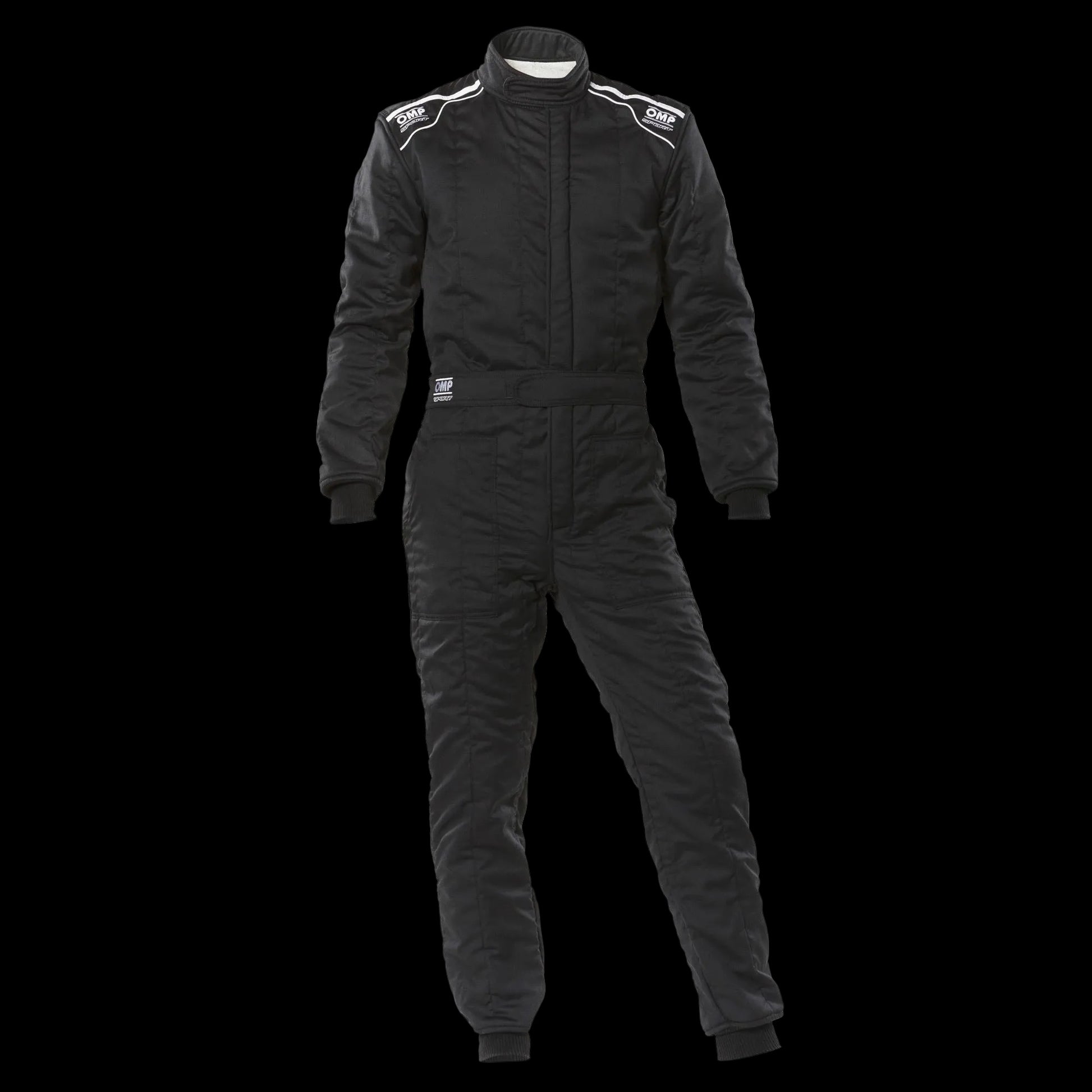 OMP Black racing suit with white accents on a white background