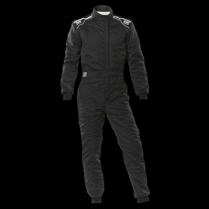 OMP Black racing suit with white accents on a white background