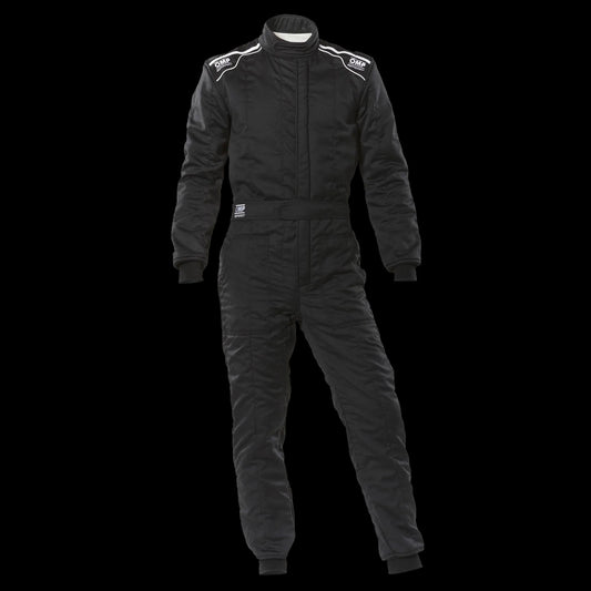 OMP Black racing suit with white accents on a white background