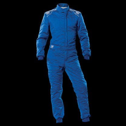 OMP Sport Blue racing suit with branding on a white background
