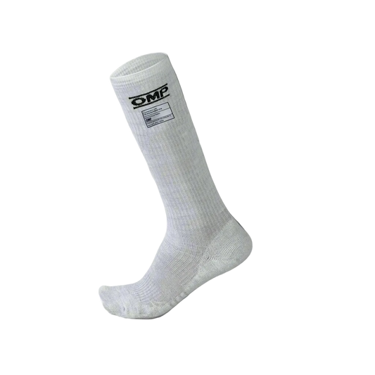 OMP White sock with a brand logo on a gray background