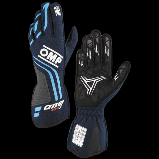 OMP 'ONE EVO-X' Circuit Racing Gloves - NAVY BLUE/CYAN (FIA 8856-2018)