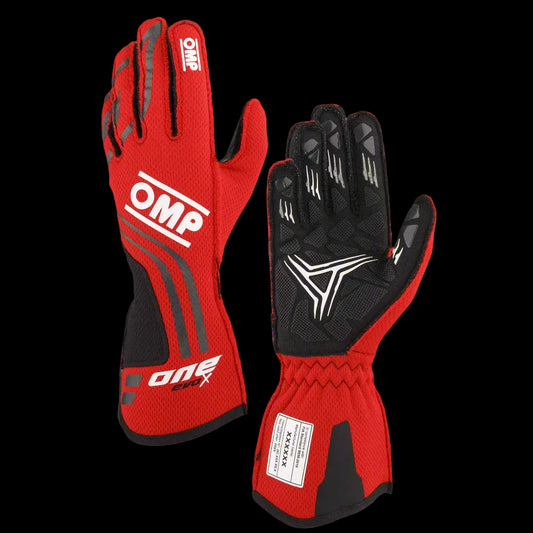A pair of red OMP 'ONE EVO-X' circuit racing gloves with black detailing and the OMP logo visible.