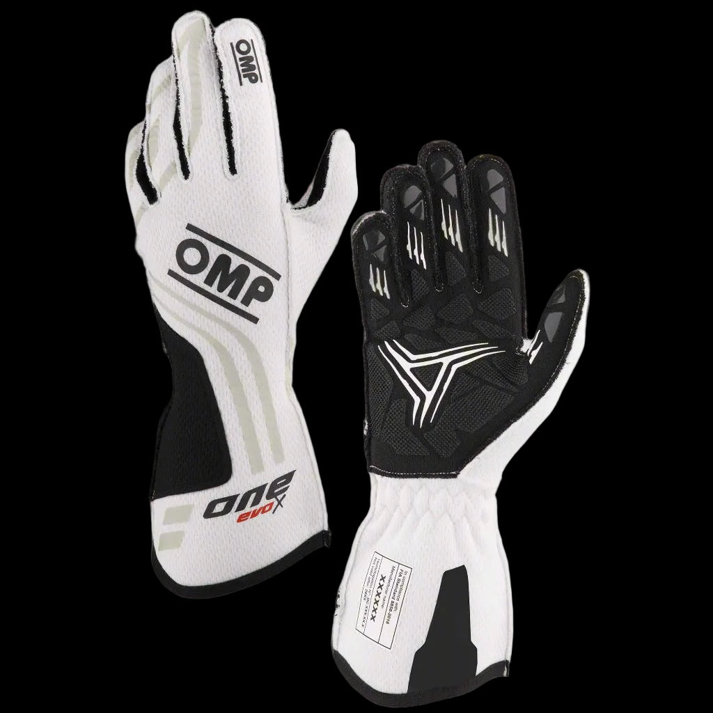 A pair of white OMP 'ONE EVO-X' circuit racing gloves with black detailing and the OMP logo visible.