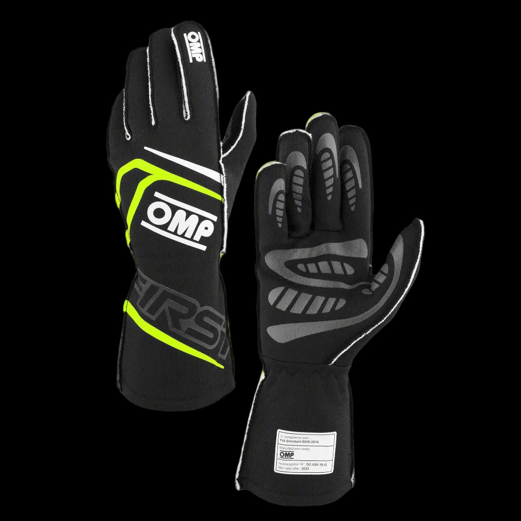 OMP 'FIRST' Circuit Racing Gloves - BLACK / FLURO YELLOW (FIA 8856-2018)