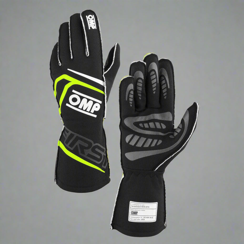OMP 'FIRST' Circuit Racing Gloves - BLACK / FLURO YELLOW