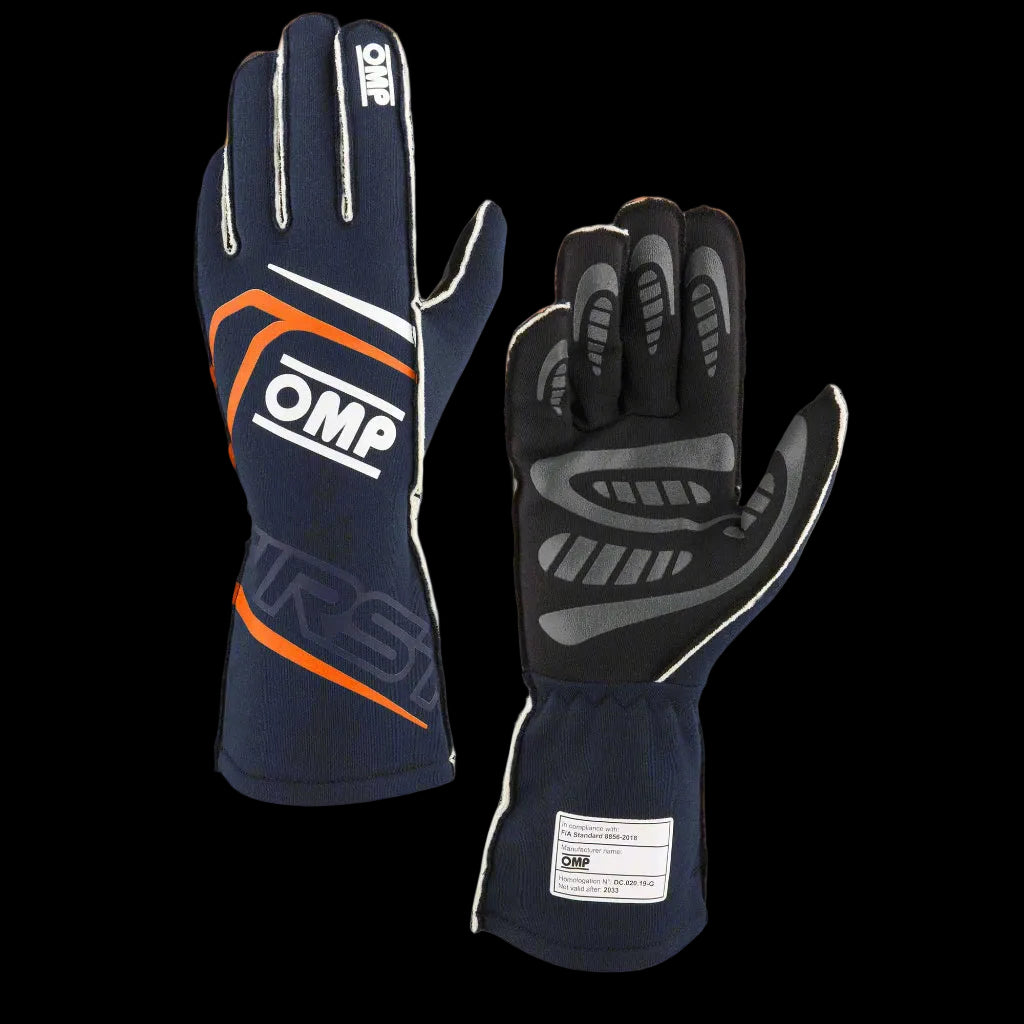 OMP 'FIRST' Circuit Racing Gloves - NAVY / FLURO ORANGE (FIA 8856-2018)