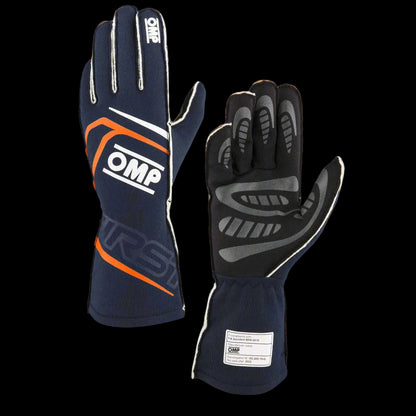 OMP 'FIRST' Circuit Racing Gloves - NAVY / FLURO ORANGE (FIA 8856-2018)