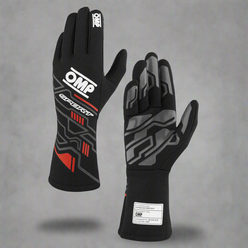 OMP 'SPORT' Circuit Racing Gloves - BLACK / RED FIA 8856-2018