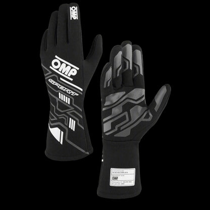 Black racing gloves with gray accents and OMP branding on a gray background